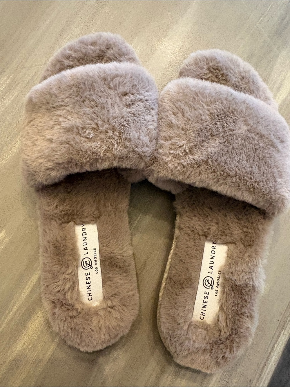 Chinese Laundry Plush Taupe Slide Slippers for Women